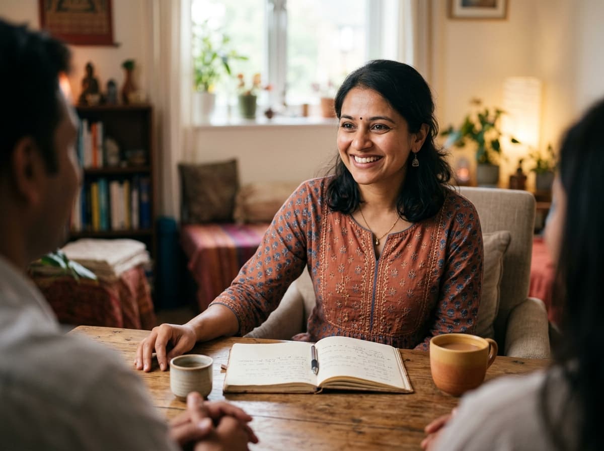 Dedicated relationship advisor speaking warmly with clients across a consultation table