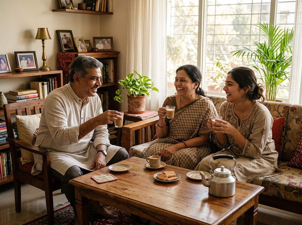 Authentic Indian family smiling warmly together over cups of chai in living room