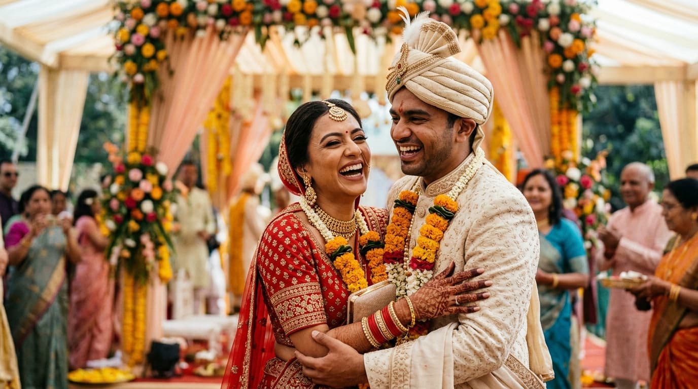 Authentic joyous Indian wedding celebration with couple laughing warmly together