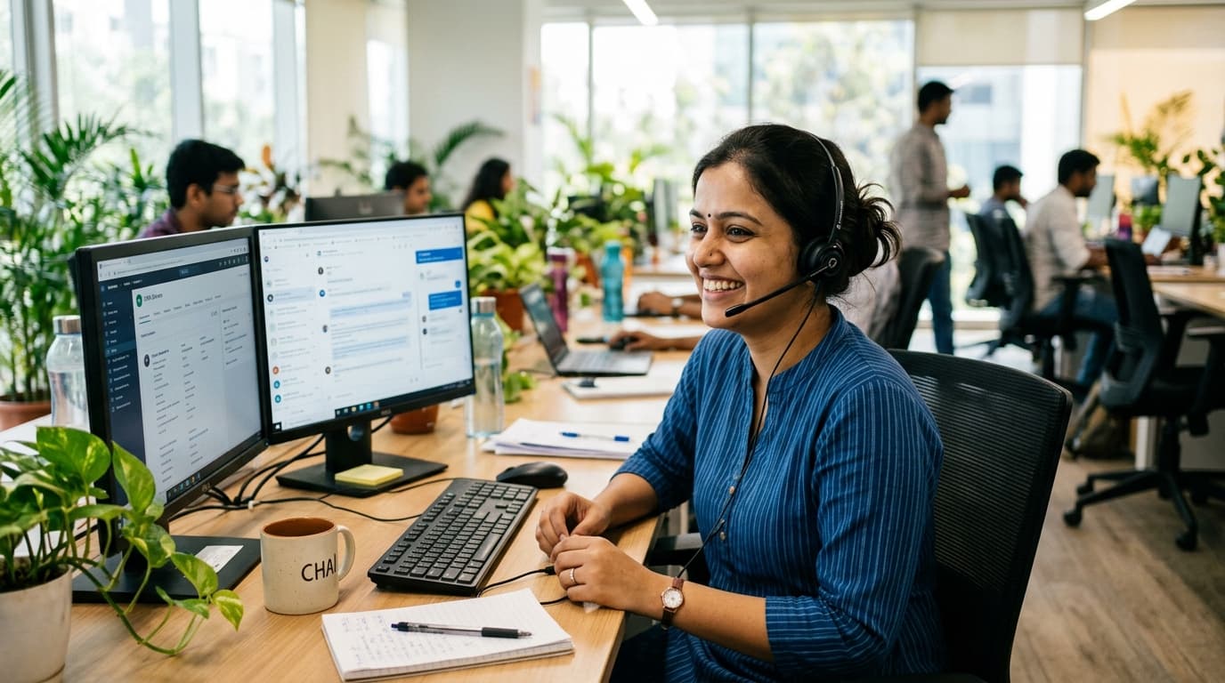 Friendly Indian customer care advisor smiling warmly at her desk at the Vivah member support center