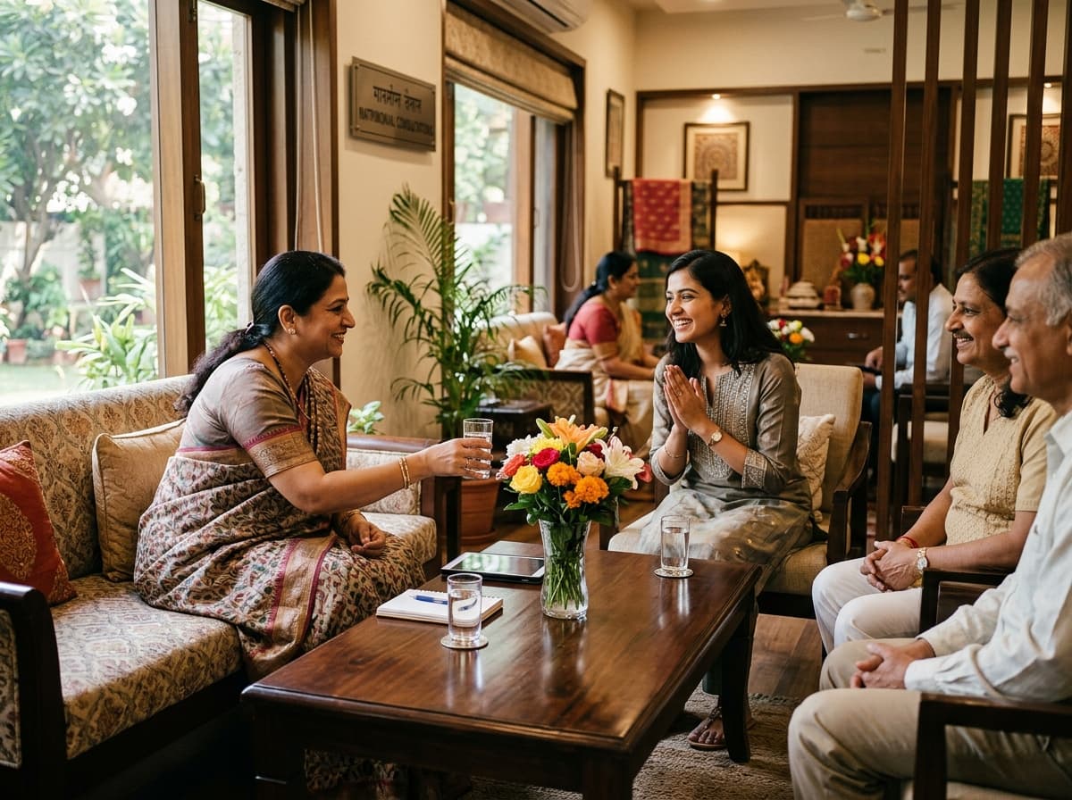 Warm in-person consultation lounge at a Vivah Centre with relationship advisor and Indian family